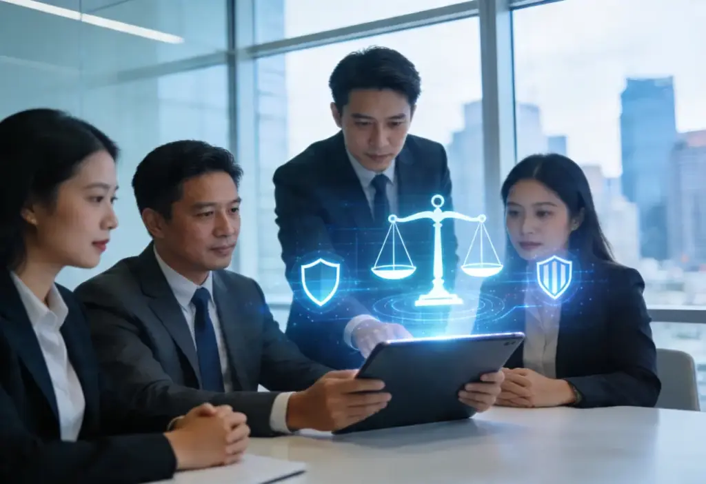 A diverse group of professional Asian business consultants in a modern office reviewing labor law compliance on a digital tablet with holographic shield icons, featuring a blurred Asian city skyline background.